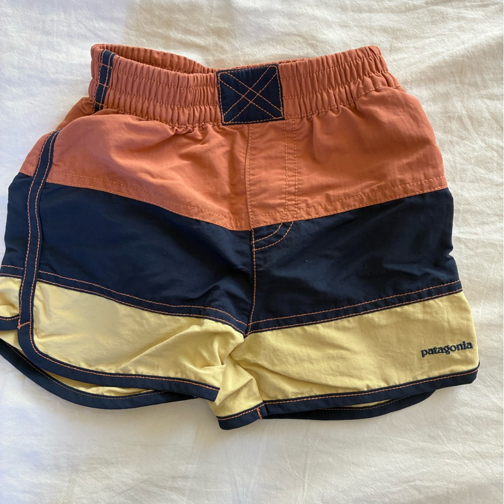 Patagonia Tan and Navy and Yellow Swim Shorts